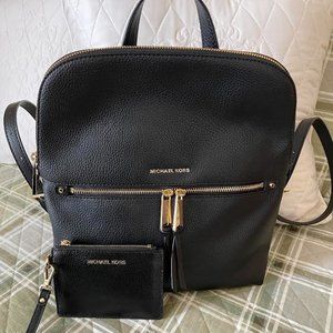 Michael Kors Rhea Slim Pebbled Leather Backpack, Wristlet Black Pebbled Leather